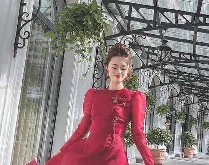 High quality 4 layers silk with handmade embossed flowers Ao Dai, Ao Dai To Ong 4 Ta Hoa Noi Thu Cong, Áo Dài Tơ Ong Đianh Hoa Thủ Công