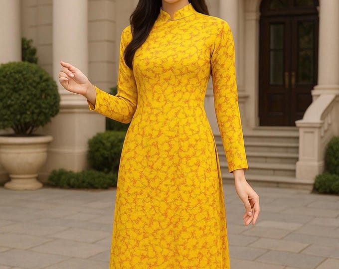 Hand-Made Yellow Brocade Traditional Floral Vietnamese Ao Dai