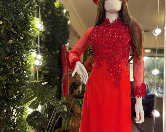 Luxurious Red Ao Dai for The Bride, Ao Dai Co Dau Mau Do, Áo dài Đỏ Cô Dâu