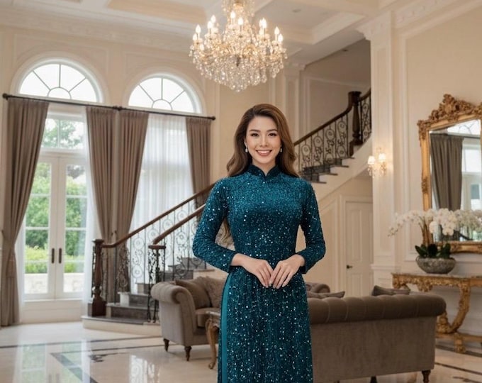 Tiffany Luxurious Sequin ao dai, Ao dai for Bride mother of Bride/Groom, Ao dai truyen thong Dep