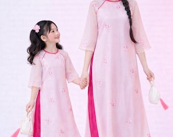 Pink Mother Daughter Matching Ao Dai, Ao Dai Me va Be Mau Hong