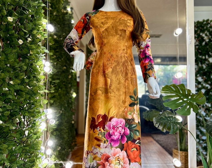 Beautiful Hand-Made Traditional Gold Floral Vietnamese Ao Dai