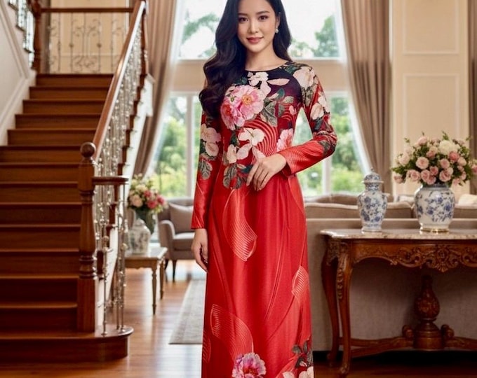 Beautiful Hand-Made Red Traditional Floral Vietnamese Ao Dai