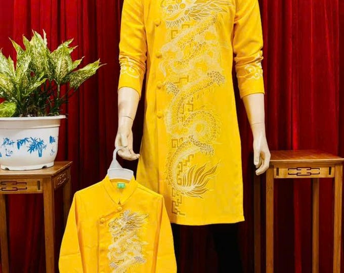 Oil Painting Yellow Vietnamese Traditional Long Dress for Men, Ao Dai Chu Re, Ao Dai Nam. No pants