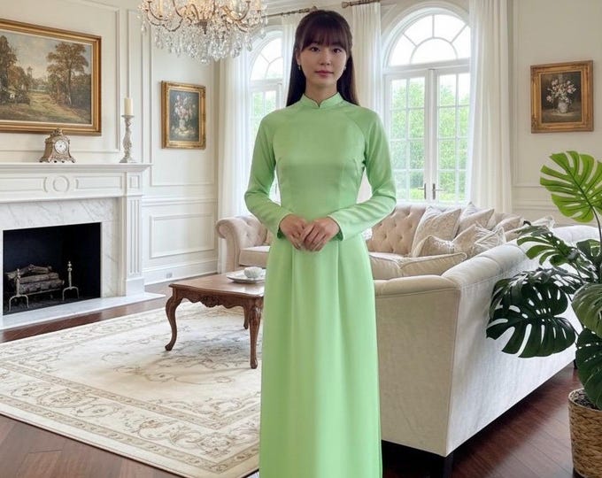 Hand-Made Light Green  Traditional  Vietnamese Plain Ao Dai