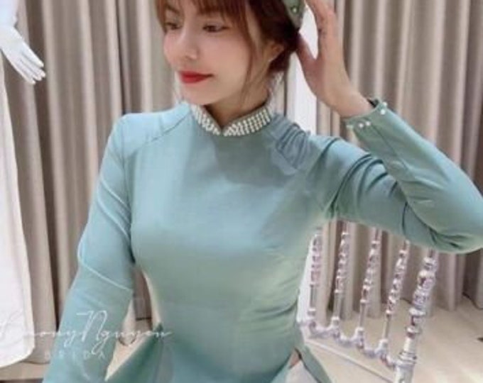 Beautiful Traditional Ao Dai with Pearls, Ao Dai for Woman, Áo dài kết ngọc trai, Ao Dai Tet, Bridesmaid Ao Dai, Ao dai Phu Dau ket cuom