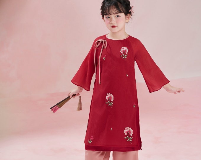 Red Emroidered Vietnamese Ao Dai For Girls , Children's Ao Dai, Ao dai for Kids , Kid's Ao Dai, Girls' Ao Dai