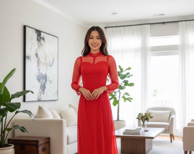 Beautiful Red Designed Ao Dai, Ao Dai for women, Bridesmaid's ao Dai, Ao Dai Do Thiet Ke