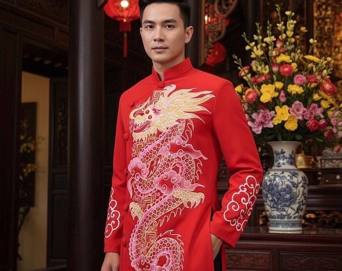Oil Painting Red Vietnamese Traditional Long Dress for Men, Ao Dai Chu Re, Ao Dai Nam. No pants