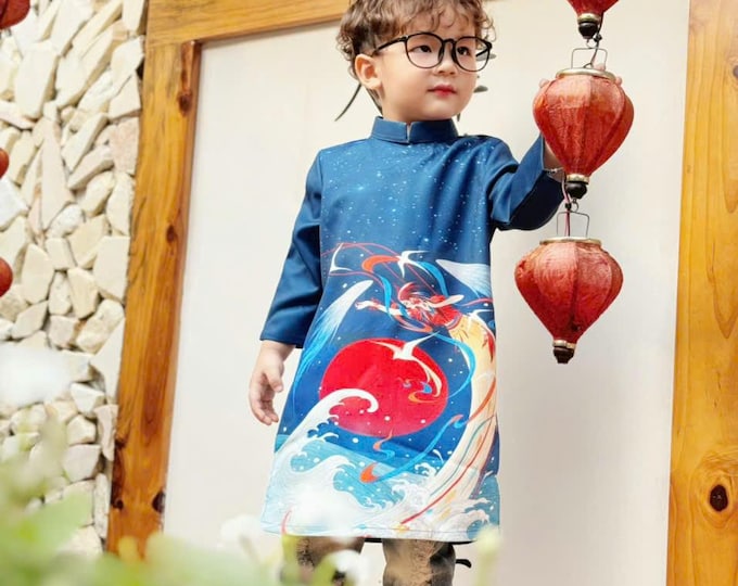 Navy Vietnamese Ao Dai for Boys, Children's Ao Dai, Ao dai for Boys, Boy's Ao Dai, Ao Dai Be Trai, Boys Ao Dai