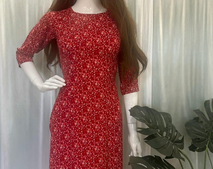 Red Floral Silk Traditional Vietnamese Ao Dai | Silk Premium Ao Dai | Luxury Áo Dài Hoa Nhí Cao Cấp