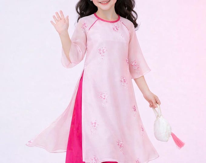 Pink Emroidered 4 flaps Vietnamese Ao Dai For Girls, Children's Ao Dai, Ao dai for Kids , Kid's Ao Dai, Girls' Ao Dai