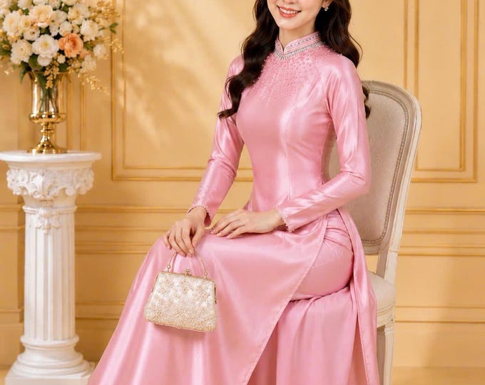 Luxurious Pink Ao Dai for Women, The Bride Pink Ao Dai, Ao Dai Co Dau Mau Hong, Áo dài Sang Trong, Áo dài Bà Sui, Ao dai for Mother of Bride