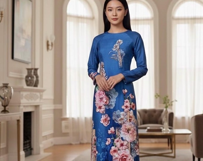 Beautiful Hand-Made Traditional Blue Floral Vietnamese Ao Dai
