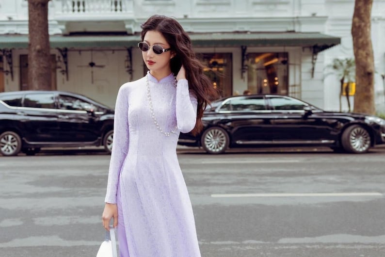 Charmant brocart violet fait main Ao Dai, casquette Ao Dai Viet Nam mau Xanh cao, o Dài truyền thống việt nam cao cấp image 9