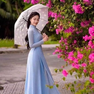 Charming Handmade Long Double Layers Ao Dai, Ao Dai Viet Nam mau Xanh cao Cap, Áo Dài truyền thống việt nam cao cấp
