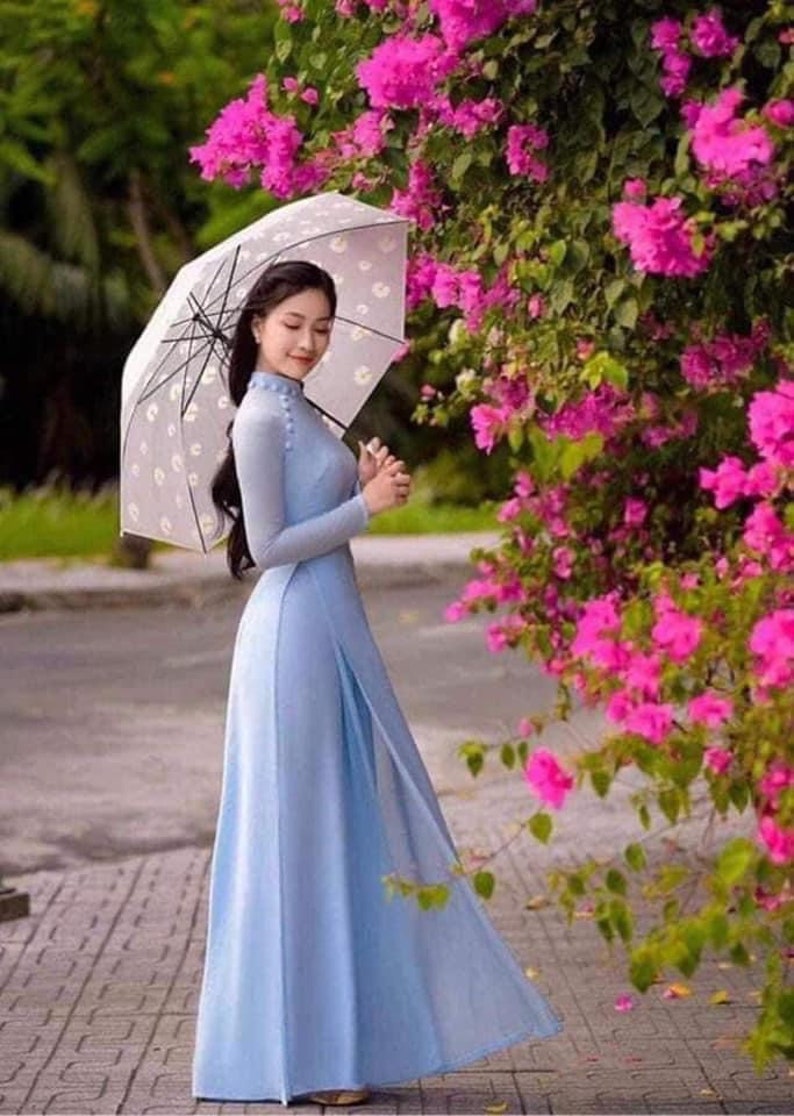 Handmade Long Double Layers Ao Dai, Ao Dai Viet Nam mau Xanh cao Cap, Áo Dài truyền thống việt nam cao cấp image 4