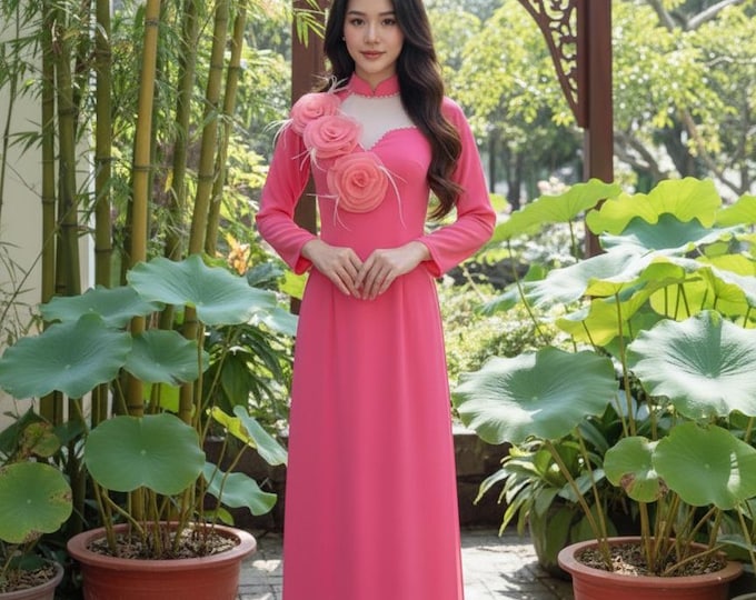 Beautiful Purple Pink Designed Ao Dai, Ao Dai for women, Bridesmaid's ao Dai, Ao Dai Hong va Tim Thiet Ke