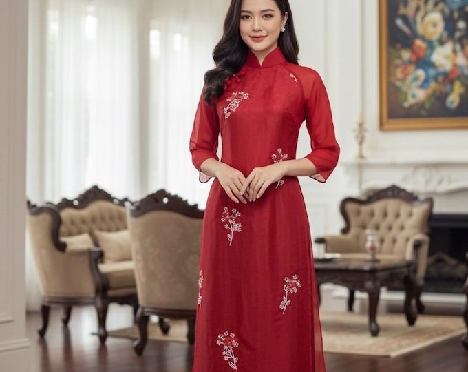 Red Beautiful Modernized Embroidered Loose fitting Ao Dai, Ao Dai Viet Nam Cach Tan Suong Cao Cap, Áo Dài việt nam Dáng Suông cao cấp