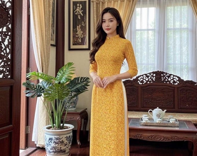 Yellow Floral Silk Traditional Vietnamese Ao Dai | Silk Premium Ao Dai | Luxury Áo Dài Hoa Nhí Cao Cấp