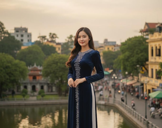 Luxurious Designed Navy Velvet Ao Dai Vietnamese Traditional Ao Dai