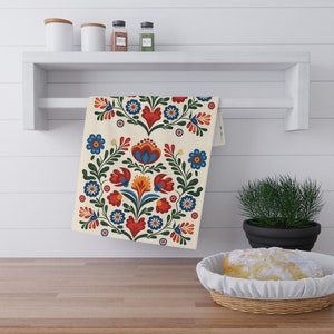 Slovak Folk Cotton Twill Kitchen Towel, Slovakia, Czech, Folk art motif, Floral folk art, Hungarian, boho, dish towel, mother's day gift