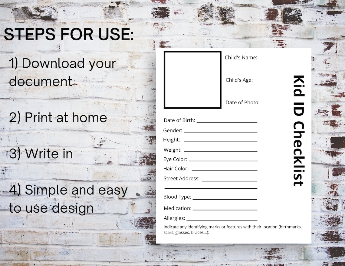 Children ID Checklist, Children ID Planner, Kid Safety Sheet, Back to