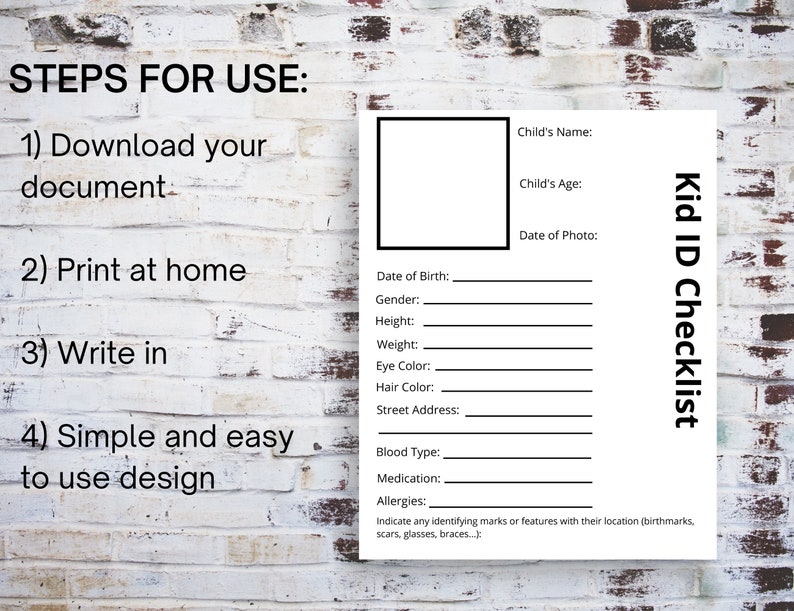 Children ID Checklist Children ID Planner Kid Safety Sheet Etsy