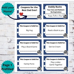 Vatertags-Gutscheinbuch, Vatertags-Gutscheine, Vatertagsgeschenk, druckbare Gutscheine, Daddy Dollars, personalisiertes Kerl-Geschenk,