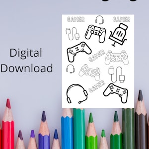 Puede incluir: Una página para colorear en blanco y negro con varios artículos relacionados con los juegos, incluyendo un mando, unos auriculares y una silla. La palabra "GAMER" se repite en toda la página. La página se titula "Gamer Coloring Page" y dice "Digital Download" debajo del título.