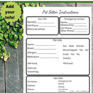 Pet Sitter Instructions, Pet Sitter Notes, Daily Care Form, Dog and Cat Sitter Guide, Pet Sitter Printable, Pet Sitter Planner