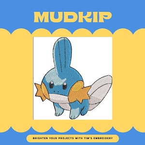 Desenho de Bordado do Pokémon Mudkip — Arquivo de Bordado à Máquina Fofo do Tipo Água para Presente Infantil, Chapéu de Fã de Anime ou Projeto de Artesanato Kawaii