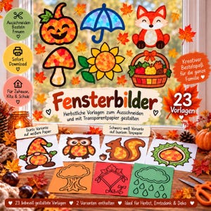 Può includere: Una raccolta di modelli per il fai-da-te a tema autunnale con illustrazioni di zucca, ombrello, volpe, fungo, girasole e cesto di frutta. Il set include 23 disegni con testo in tedesco, presentati sia a colori che come contorni in bianco e nero.
