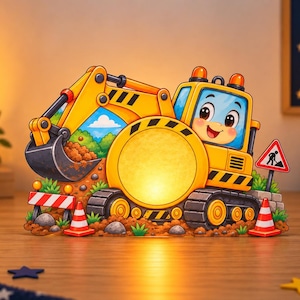 Può includere: Una lampada a forma di escavatore giallo in stile cartoon con un volto sorridente, un grande centro circolare illuminato e cingoli neri. Il design presenta una benna che scava nella terra marrone, erba verde, due coni stradali e un segnale.