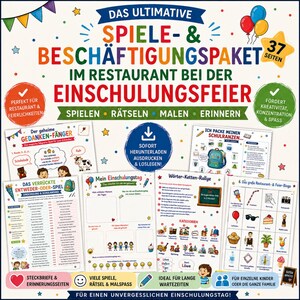 Peut inclure: Un pack d'activités numériques pour les fêtes de rentrée scolaire comprenant 37 pages de jeux, énigmes et coloriages. La couverture présente du texte coloré, des ballons et des icônes, illustrant diverses feuilles d'activités imprimables comme des bingos et des jeux de mots.