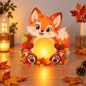 May include: A decorative light-up fox figure featuring a bright orange coat, large eyes, and a white-tipped tail. The fox holds a glowing circular light in its centre, surrounded by autumn-themed details including red berries, maple leaves, mushrooms, and acorns.