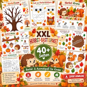 以下が含まれることがあります： XXL Herbst-Bastelpaketと題された、子供向けの秋をテーマにした40ページ以上のクラフトキット。木、フクロウ、ハリネズミ、リス、モビールのテンプレートに加え、塗り絵や工作の手順が含まれています。