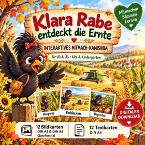 Op de afbeelding: Een digitale download van een interactieve Kamishibai-verhalenset getiteld Klara Rabe entdeckt die Ernte. Het bevat een zwarte vogel met een rode bril en strik, een oogsttafereel, 12 afbeeldingkaarten in A3 en A4, en 12 tekstkaarten in A4.