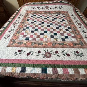 Handmade 90x90 Queen Patchwork Quilt Floral Checkerboard White Pink Green 100% Cotton #LJ-004A