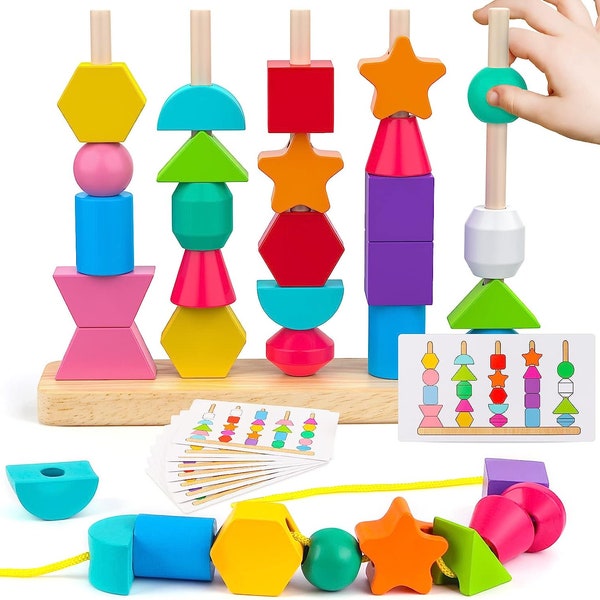 Montessori Wooden Beads Sequencing Toy Set, Stacking Blocks & Lacing Beads  Matching Shape Stacker for 2 3 4 5 Year Old Stem Preschool