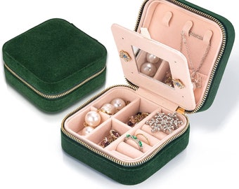 Travel Velvet Jewelry Box with Mirror, Mini Gifts Case for Women Girls, Small Portable Organizer Boxes for Rings Earrings Necklaces