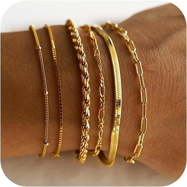 Gold Bracelets for Women Waterproof, 14k Real Gold Jewelry Sets for Women Trendy Thin Dainty Stackable Cuban Link Paperclip Chain Bracelet