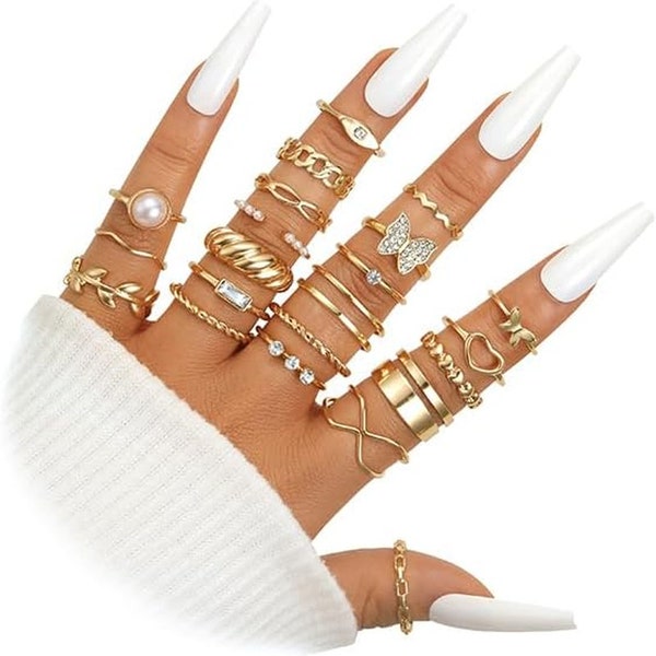 24 Pcs Gold Vintage Knuckle Rings Set for Women Girls, Boho Dainty Stackable Midi Finger Rings, Snake Butterfly Signet Fashion Ring Pack