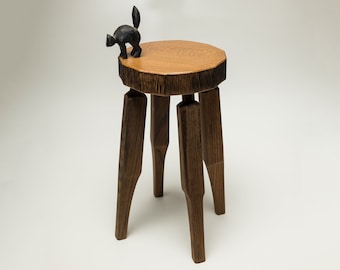 Unique oak stool with chiseled shou sugi ban rim