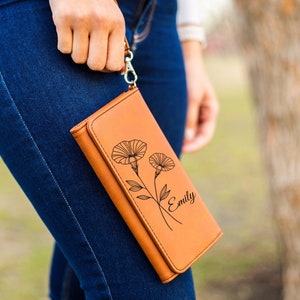 Birth Month Flower Wallet, Bridesmaid Gifts Custom, Leather Wallet Woman, Wallet for Women, Birth Flower Gift, Christmas Gift, Mom Gift