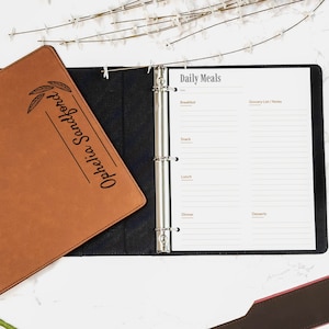 Fichário de planejador de refeições personalizado, fichário de 3 argolas, planejador de refeições semanal, planejador de refeições e lista de compras, fichário de couro personalizado, planejador de alimentos diário
