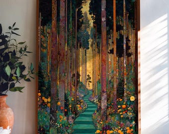 Forest Path Wall Art, Colorful Floral Illustration, Woodland Nature Print
