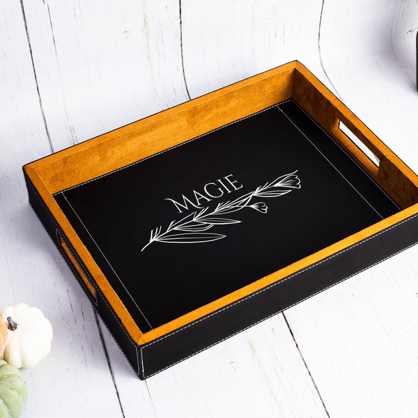 Leather Engraved Wood Serving Tray, Serving Tray With Handles, Personalized Gift, Custom Serving Tray, Large Serving Tray, Wood Serving Tray