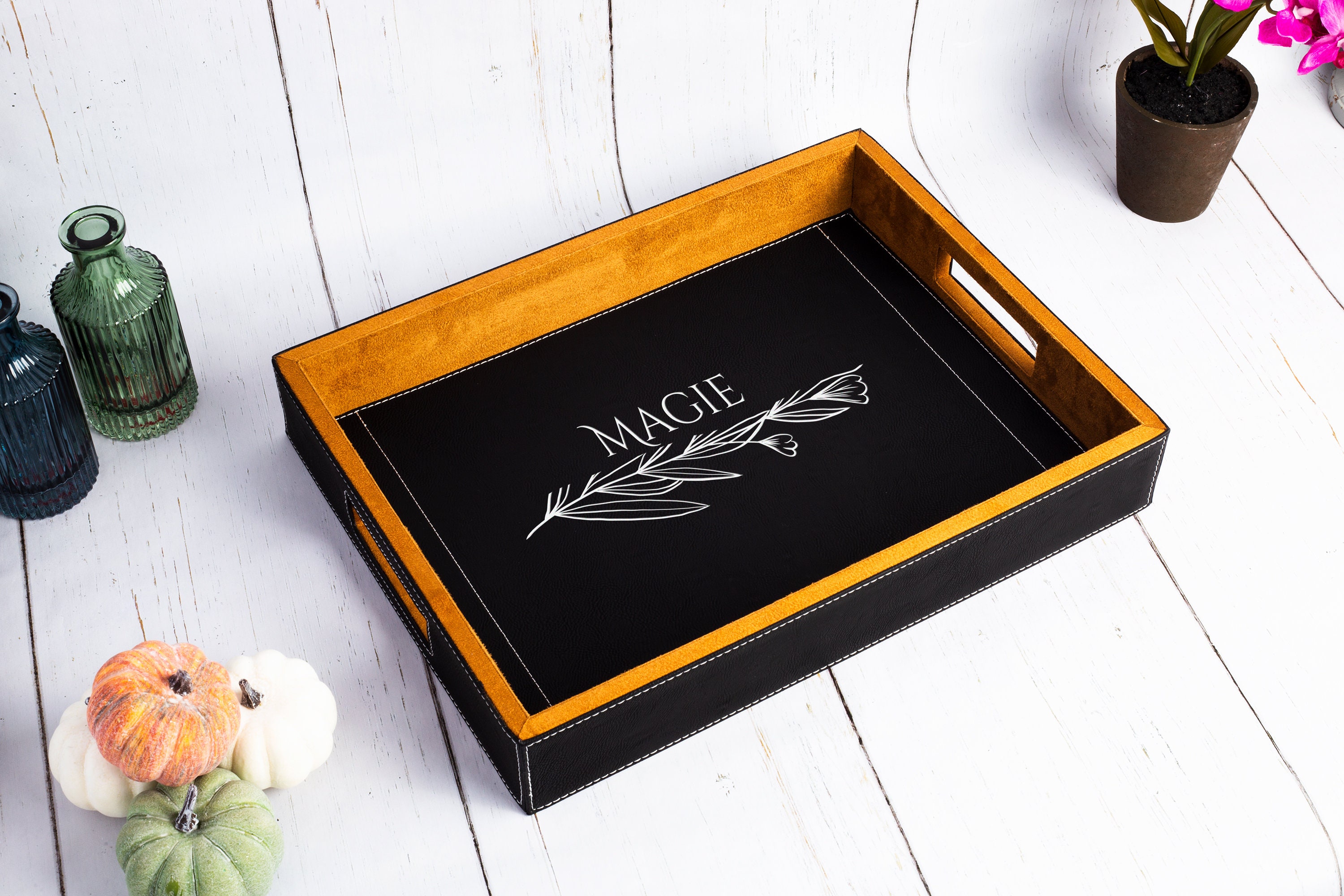 Leather Engraved Wood Serving Tray, Serving Tray With Handles, Personalized Gift, Custom Serving Tray, Large Serving Tray, Wood Serving Tray
