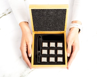 Personalized Whiskey Stones Set, Stainless Steel Chilling Stones, Bamboo Box